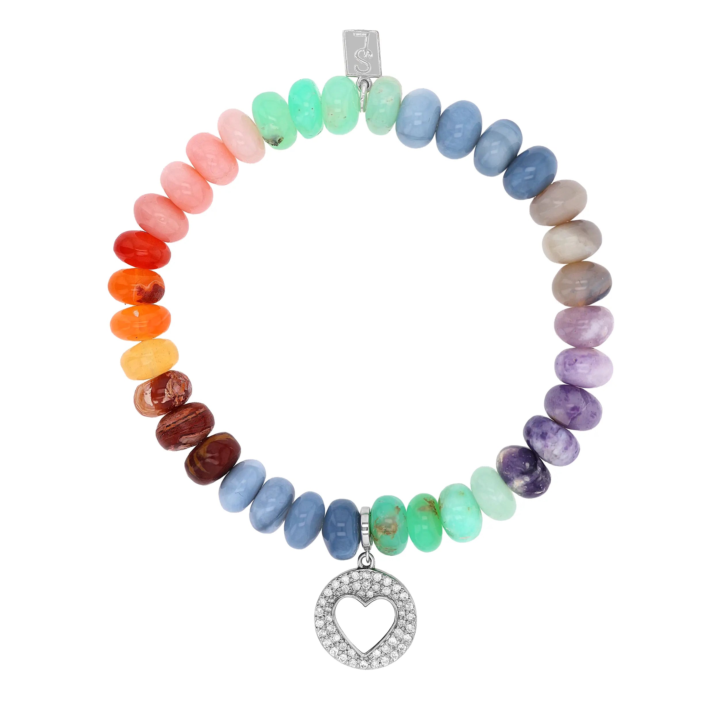 Diamond Open Heart Charm on Rainbow Opal Mix Bracelet with - 8mm Diamond Open Heart Charm on Rainbow Opal Mix Bracelet with - 8mm