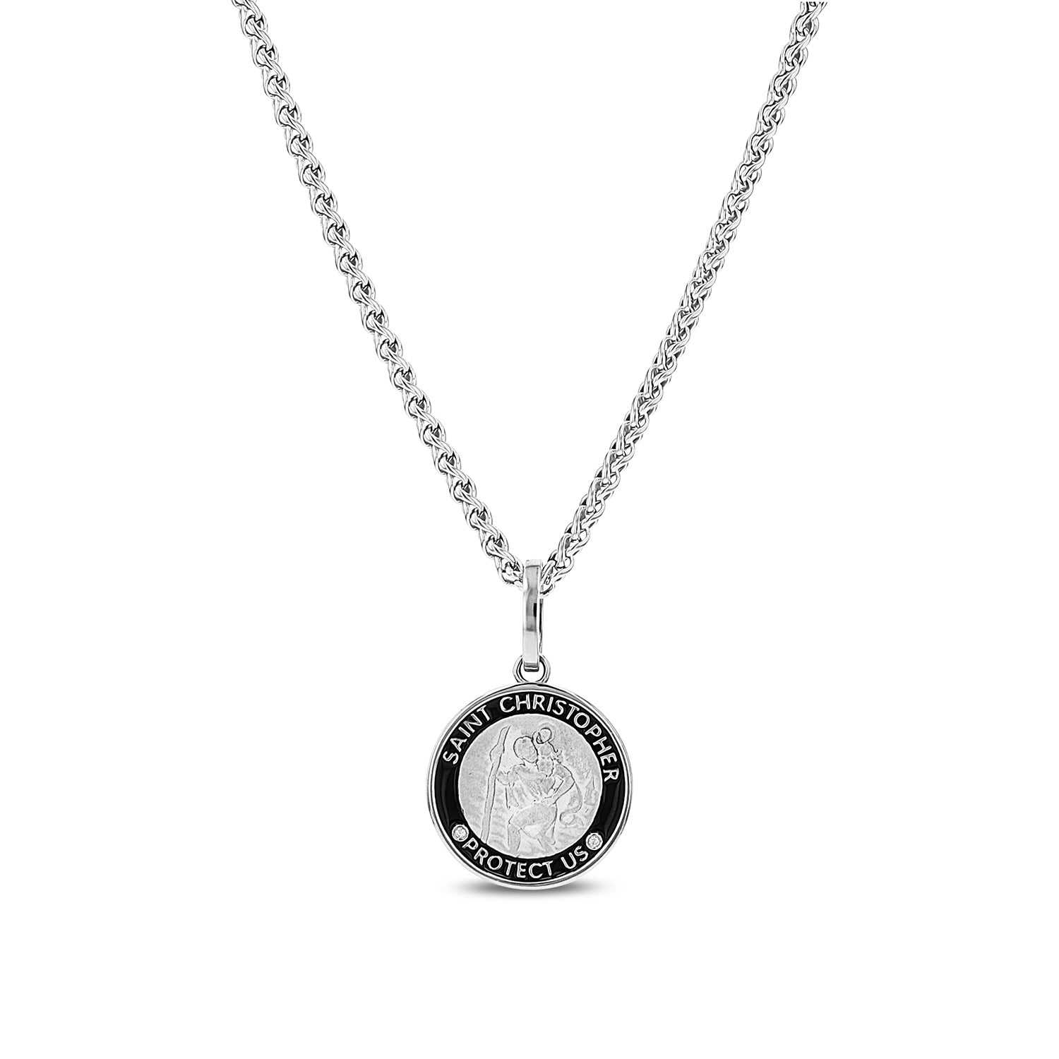 A sterling silver Saint Christopher medallion pendant from the Mr. LOWE Men's collection with black enamel detailing and two accent diamonds, displayed on a 24-inch sterling silver wheat chain.