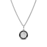 A sterling silver Saint Christopher medallion pendant from the Mr. LOWE Men's collection with black enamel detailing and two accent diamonds, displayed on a 24-inch sterling silver wheat chain.