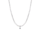 Fresh Water Silver Pearl Necklace with Diamond Bezel Dangle - 16"-18"