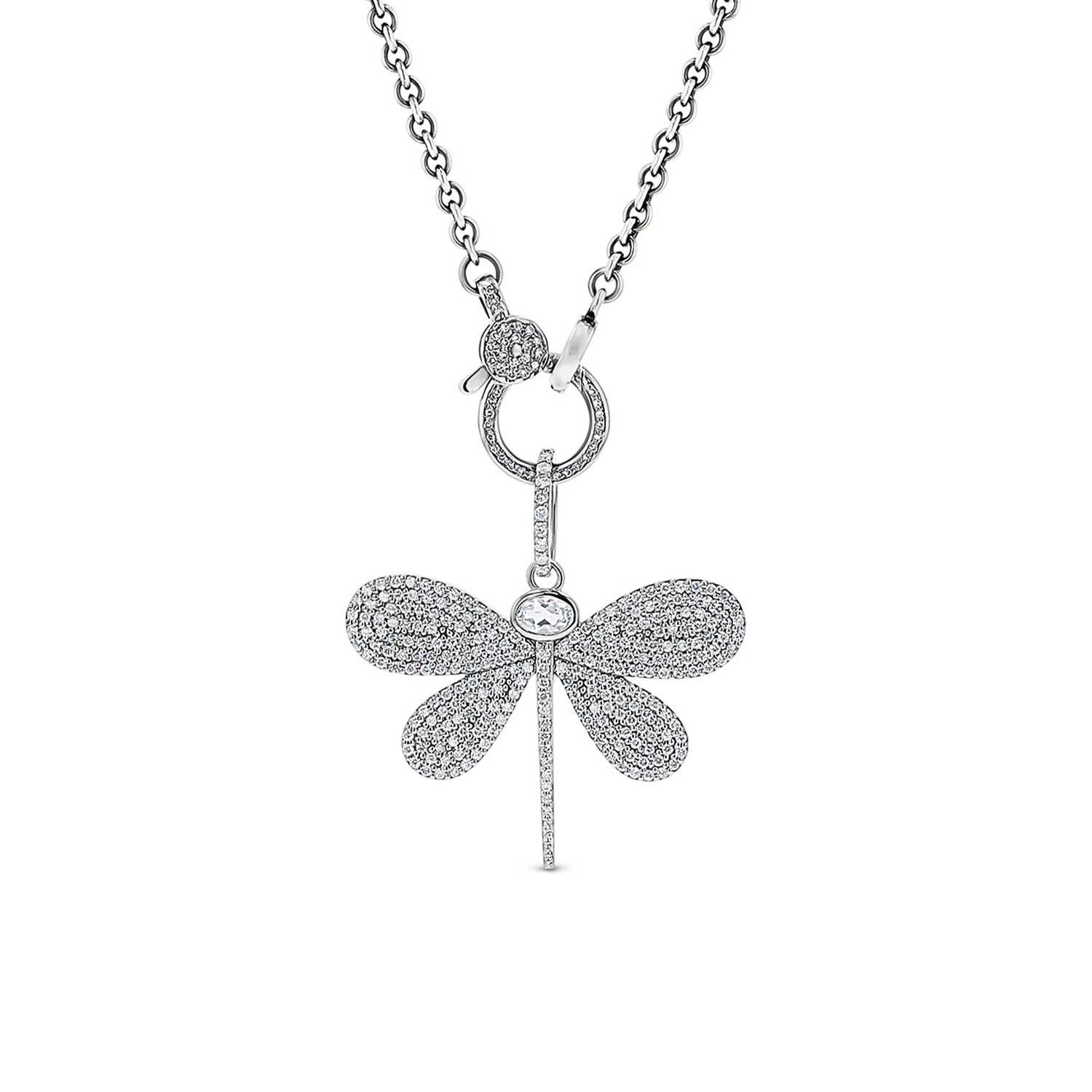 White Topaz and Diamond Dragonfly Pendant Only or on Cable Chain