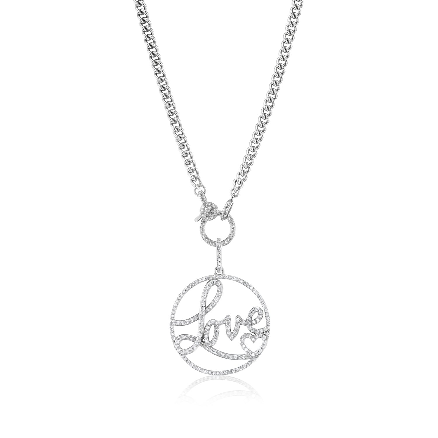 Diamond Heartstring LOVE Round Pendant Only or on Curb Chain - 34.5"