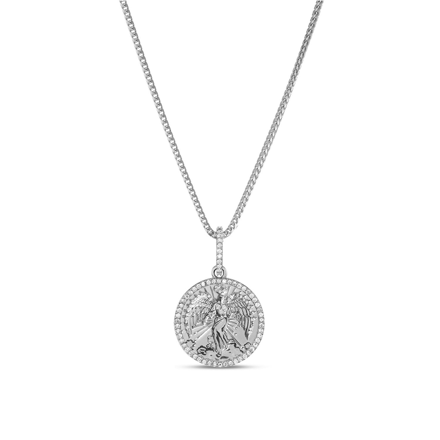Silver and Diamond Guardian Angel Coin Pendant Only or on Franco Chain - 18"