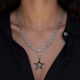 Black and White Cobblestone Diamond Star Pendant on Cable Chain Necklace - 20"