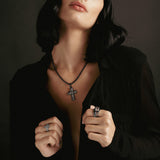 Crystal Quartz & Black Diamond Cross Pendant on Black Cable Chain Necklace - 18"