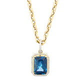 14K London Blue Topaz Diamond Rectangle Pendant Chain Necklace - 28"