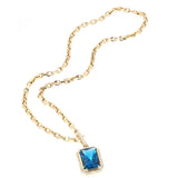 14K London Blue Topaz Diamond Rectangle Pendant Chain Necklace - 28"