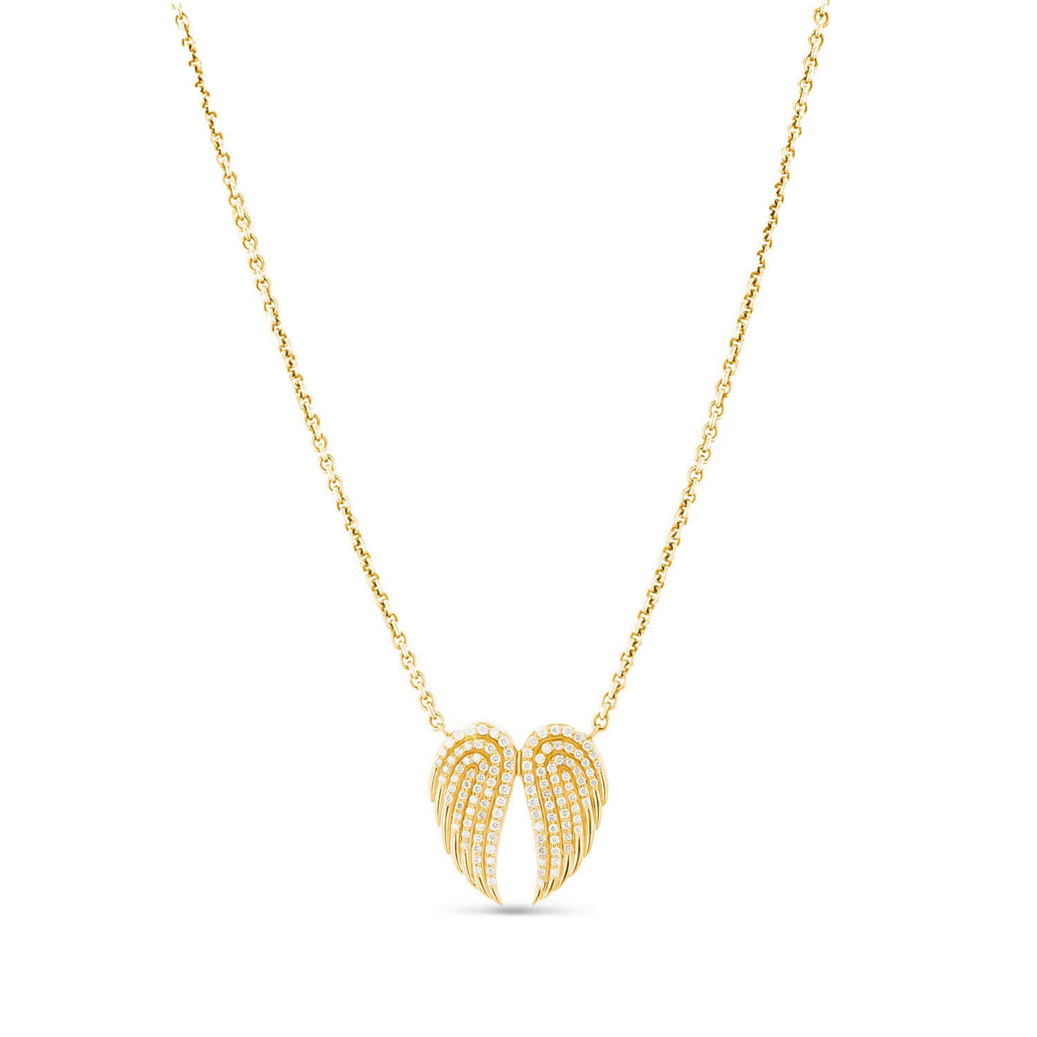 14K Diamond Double Angel Wing Pendant on Cable Chain Necklace 17