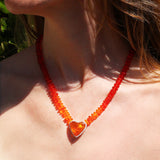 14k Fire Opal Heart Pendant on Ombre Fire Opal Necklace - One of a Kind