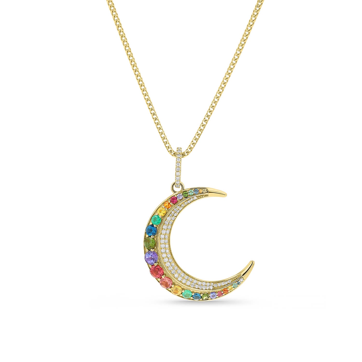 14k Rainbow Crescent Moon Pendant on Franco Chain Necklace