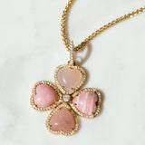 14k Pink Mix Stone Clover on 14k Wheat Chain Necklace - One of a Kind