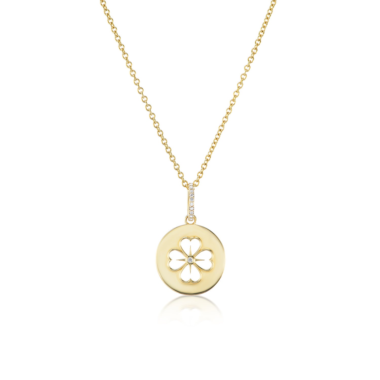 14k Open Clover Diamond Bezel Pendant Only or on 14k Link Chain - 18"