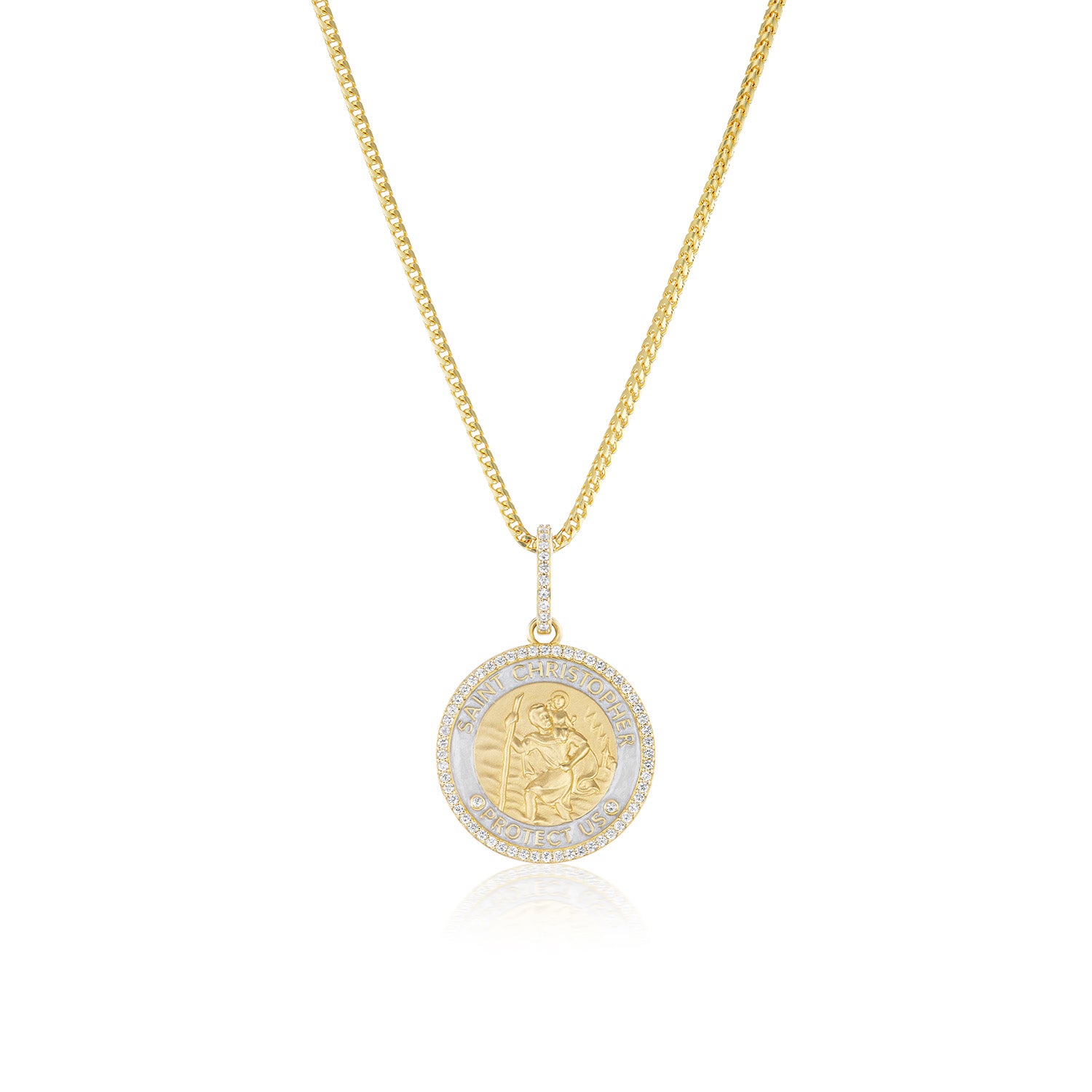 14k St. Christopher "Protect Us" Diamond & White Enamel Pendant Only or on Franco Chain 18"