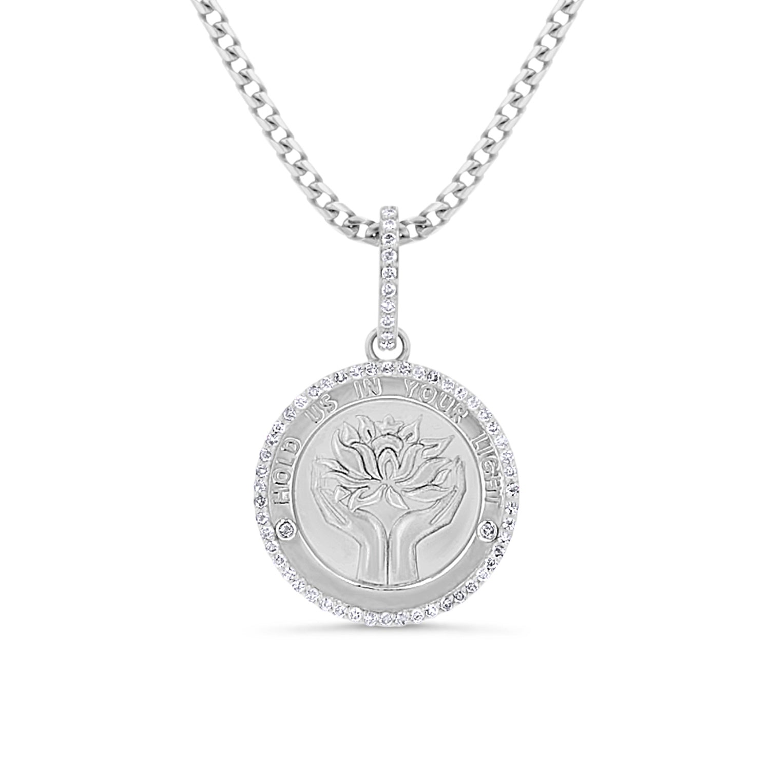 Diamond Lotus "Hold Us in Your Light" Medallion Pendant Only or on Franco Chain