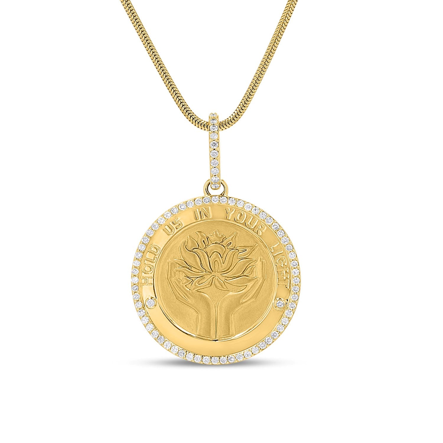 14k Diamond Lotus Medallion "Hold Us in Your Light" Pendant - 30mm
