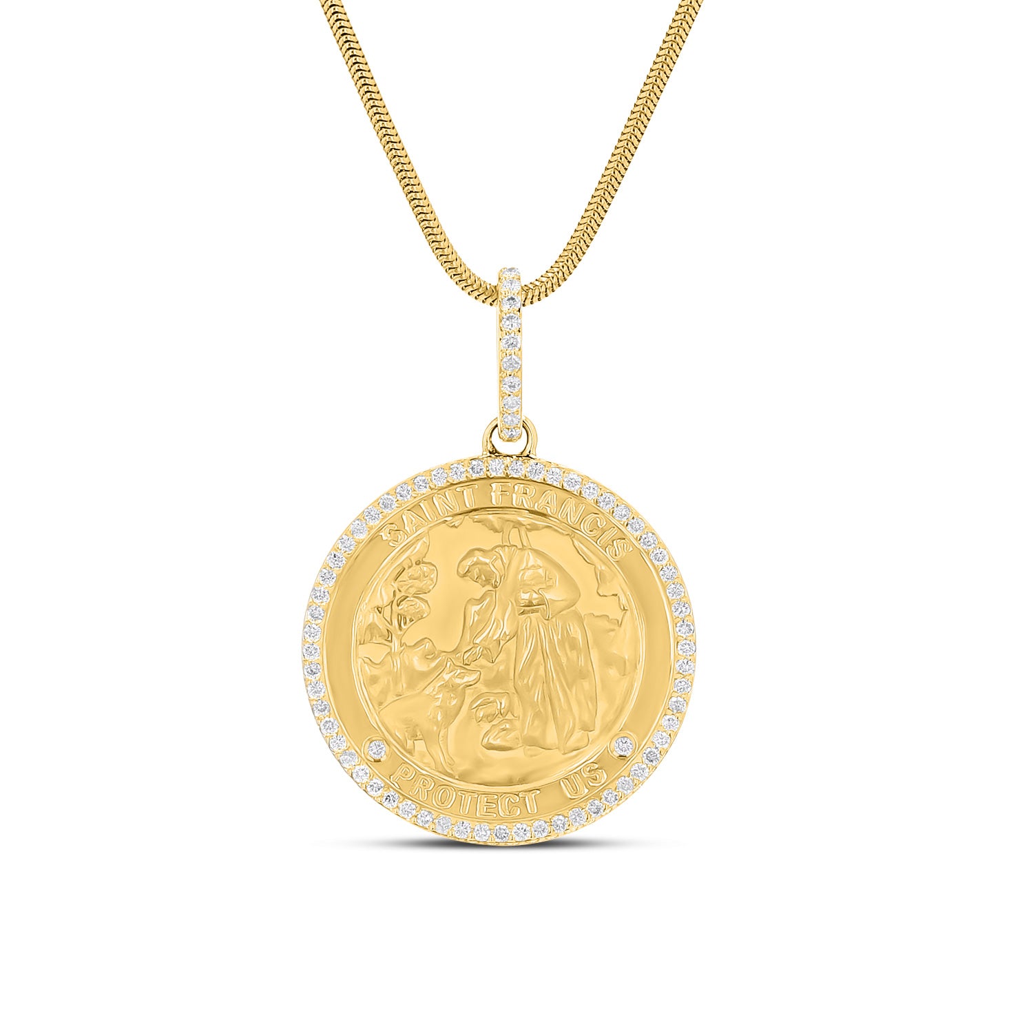 14k St. Francis "Protect Us" Diamond Halo 30mm Medallion Only or on 30" Snake Chain
