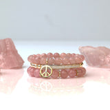 14k Rose Quartz Bracelet with Peace Sign Charm - 8mm