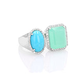 Diamond Halo Two Stone Silver Ring - Turquoise & Chrysoprase