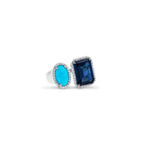 Diamond Halo Two Stone Silver Ring - Turquoise & London Blue Topaz