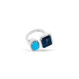 Diamond Halo Two Stone Silver Ring - Turquoise & London Blue Topaz