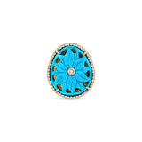 14k Carved Turquoise Flower with Diamond Bezel Center Ring "One of a Kind"