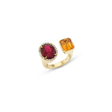 14k Diamond Halo Two Stone Ring - Pink Tourmaline & Citrine