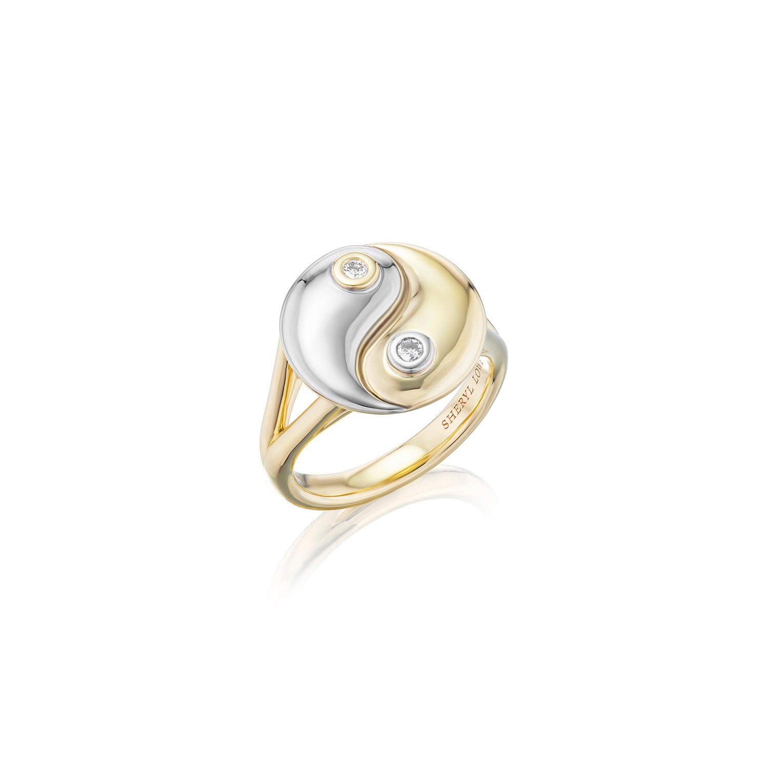 14k Yellow Gold Silver Yin Yang with Diamond Bezels Ring