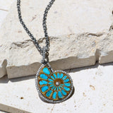 Ammonite & Turquoise Pendant with Diamond Bezel Center on Cable Chain - One of a Kind