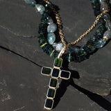 14k Green Tourmaline Bezel Set Cross Pendant on Cable Chain - One of a Kind