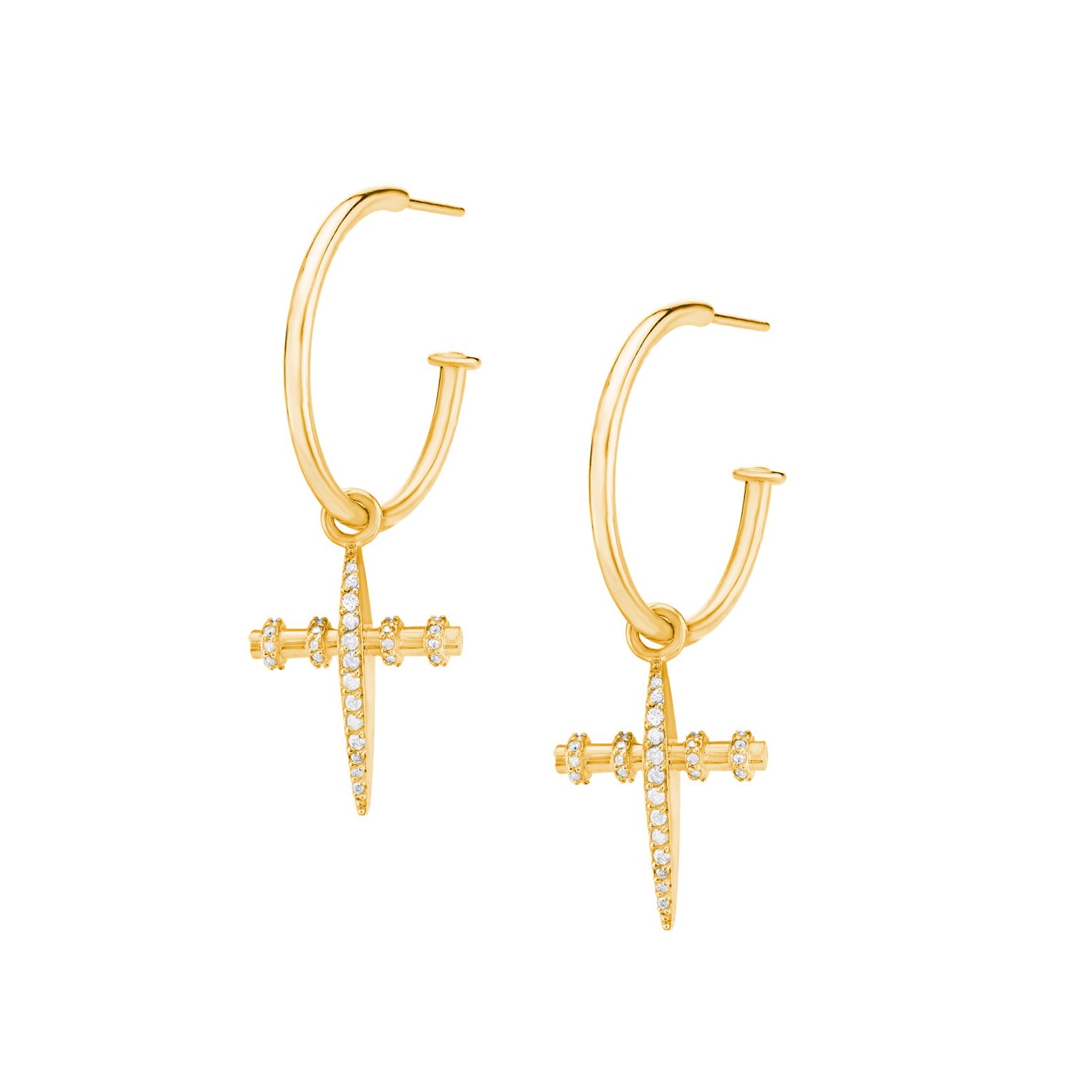 14K Gold Gear Cross Hoop Earrings with Pavé Diamonds | Sheryl Lowe