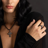 Crystal Quartz & Black Diamond Cross Pendant on Black Cable Chain Necklace - 18"