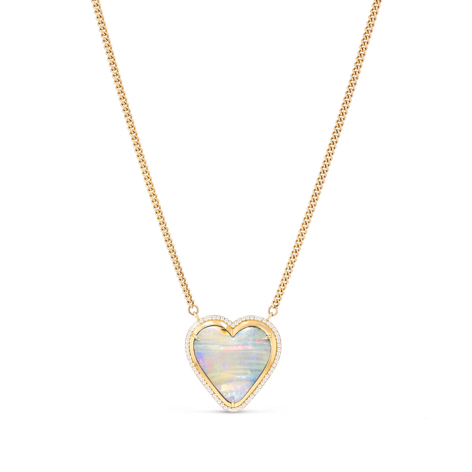14k Gold Australian Opal Diamond Heart on Curb Chain Necklace