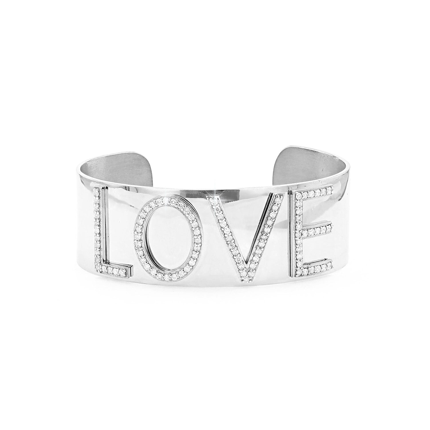 A sterling silver cuff bracelet with the word 'LOVE' written out, adorned with diamonds.