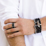 Men's Mr. LOWE Onyx Bracelet with Silver Bead and Wavy Disks - 8mm