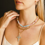 14k Aquamarine Bezel Set Cross Pendant on 14k Cable Chain Necklace - 18"