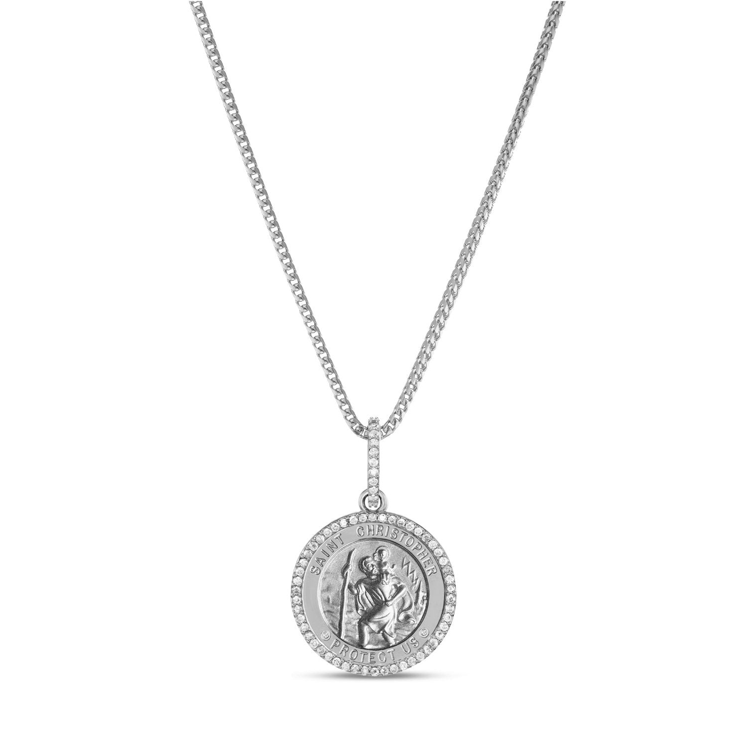 Silver St. Christopher "Protect Us" with Diamond Halo Medallion Necklace