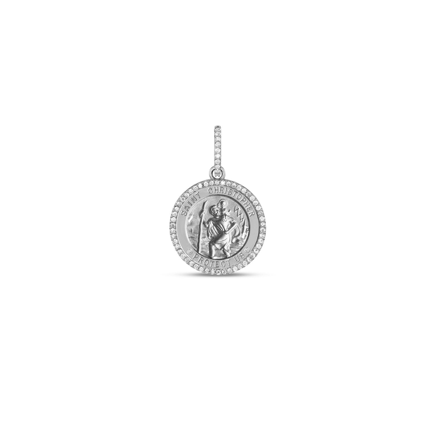 Silver St. Christopher "Protect Us" with Diamond Halo Medallion Necklace