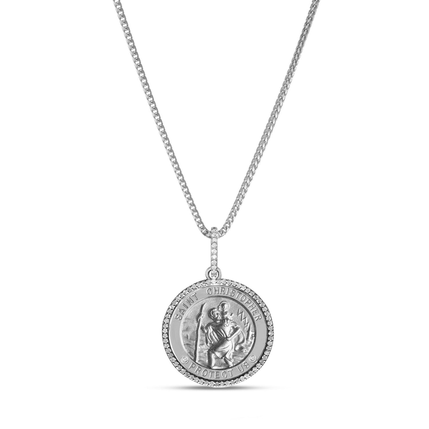 Silver St. Christopher "Protect Us" with Diamond Halo Medallion Necklace