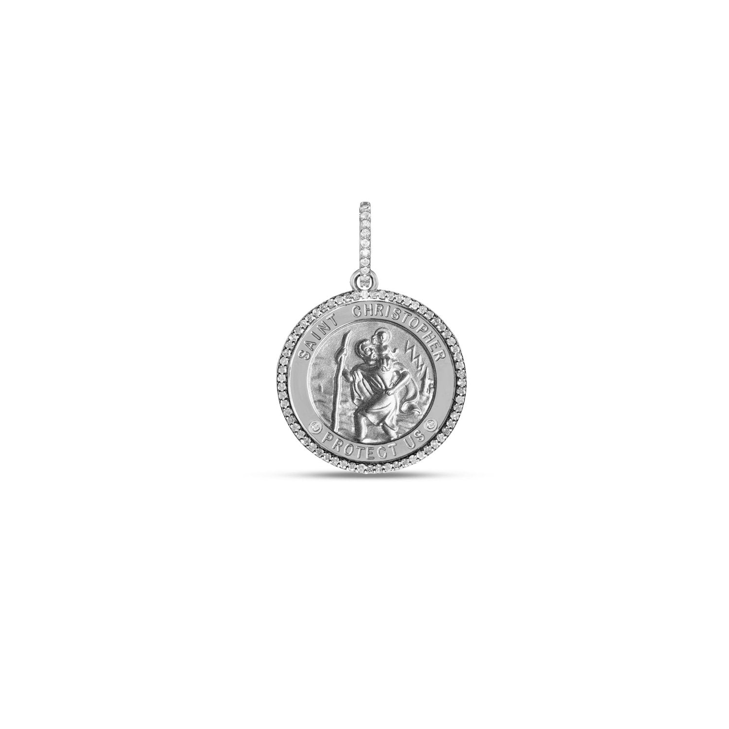 Silver St. Christopher "Protect Us" with Diamond Halo Medallion Necklace