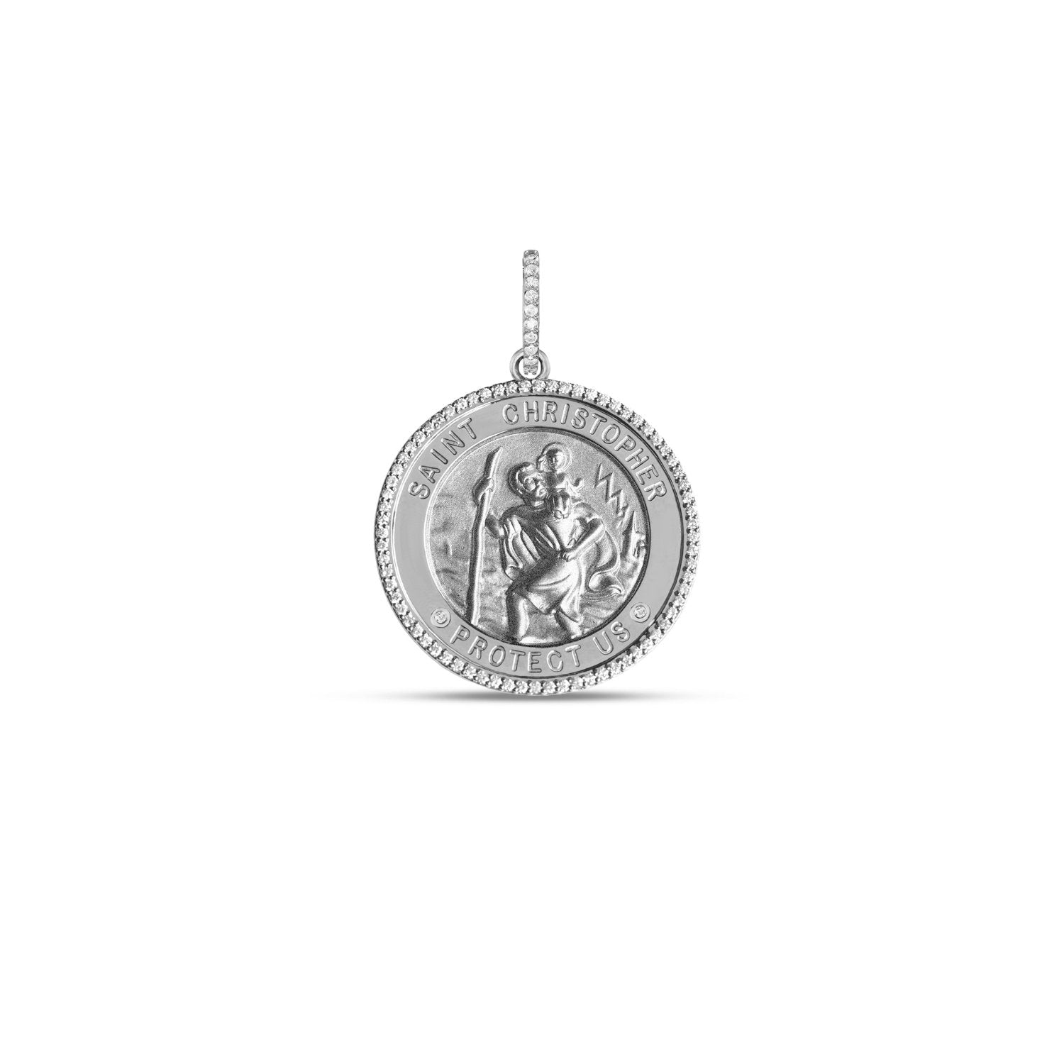 Silver St. Christopher "Protect Us" with Diamond Halo Medallion Necklace