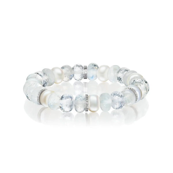 Pearl, Crystal and Moonstone Mix with Diamond Rondelles Bracelet