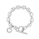 Silver mariner chain bracelet with diamond  heart charm and toggle clasp on a white background