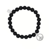 Diamond Peace Sign Charm on Beaded Onyx Bracelet - 8mm