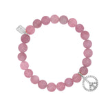 Diamond Peace Sign Charm on Beaded Rose Quartz Bracelet - 8mm