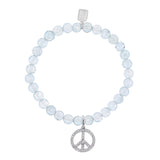 Diamond Peace Sign Charm on Beaded Aquamarine Bracelet - 6mm