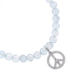 Diamond Peace Sign Charm on Beaded Aquamarine Bracelet - 6mm