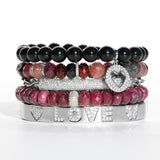 Red & Black Gemstone Mix Beaded Bracelet with Diamond Rondelles - 8mm