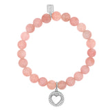 Rose Quartz Bracelet with Diamond Open Heart Charm - 8mm