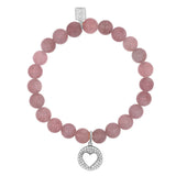 Rose Quartz Bracelet with Diamond Open Heart Charm - 8mm