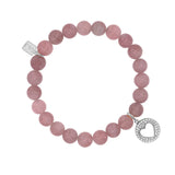 Diamond Open Heart Charm on Beaded Rose Quartz Bracelet - 8mm